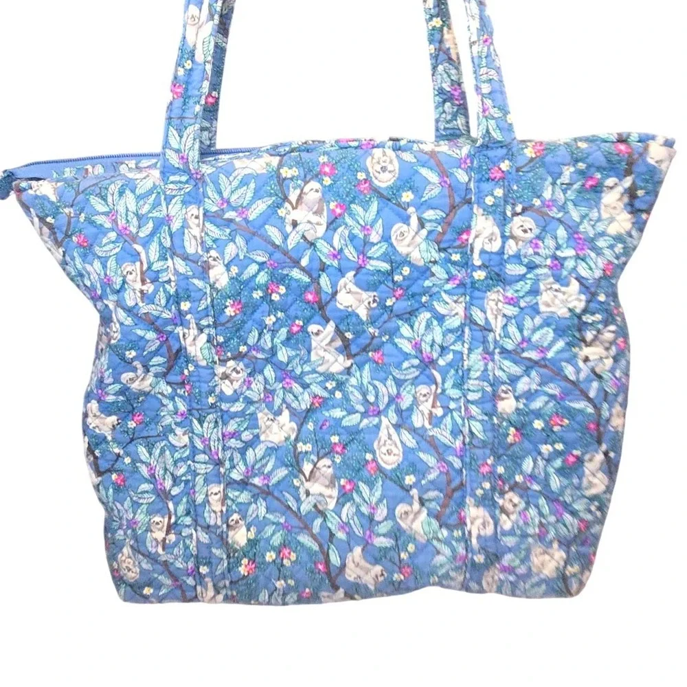 Vera Bradley Sloth Picnic Quilted Cotton Tote Bag Blue Floral Animal Monogram AL